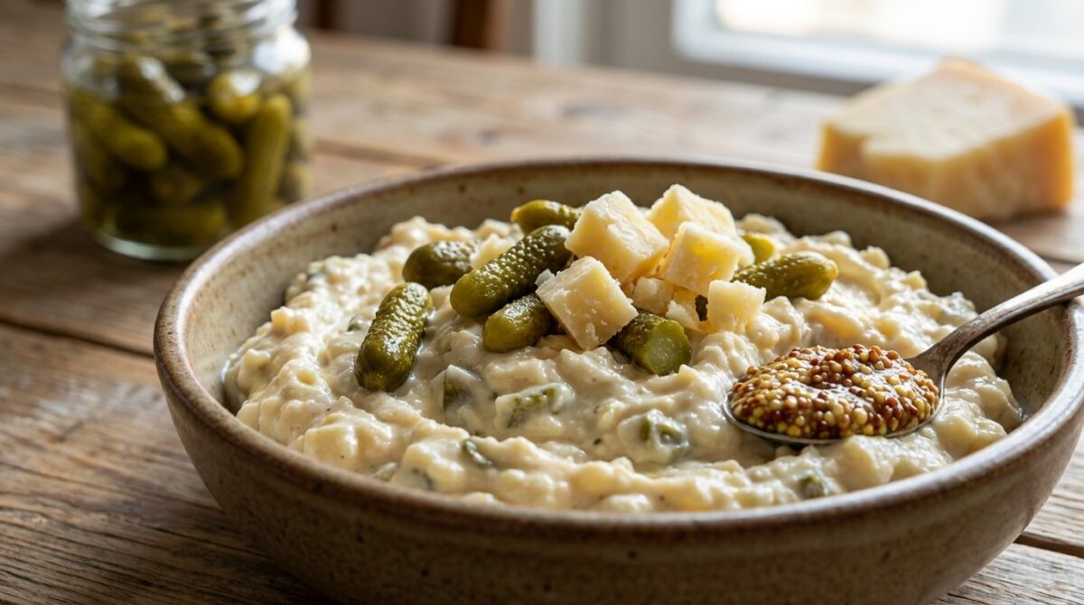 scopri il segreto per preparare uninsalata di formaggio stagionato irresistibile con senape di Groningen e cetriolini croccanti fatti in casa