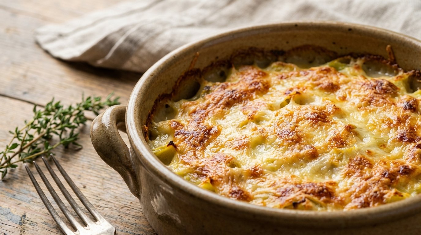 scopri il segreto del gratin di porri cremoso e dorato, un piatto che trasforma questo ortaggio in un contorno irresistibile e gourmet senza besciamella complessa