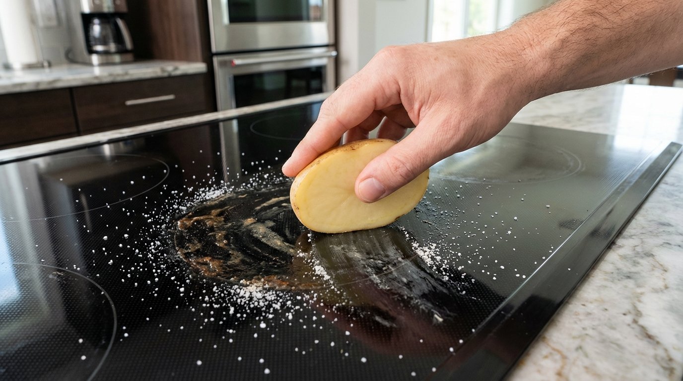 scopri come pulire il piano di cottura nero con patata e sale in 10 minuti, un metodo naturale che sostituisce i detersivi chimici