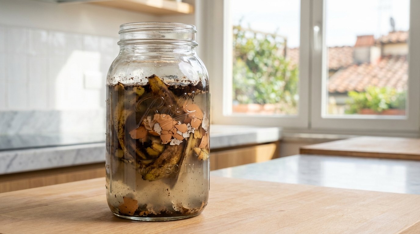 scopri la ricetta casalinga del fertilizzante liquido naturale per nutrire le piante dappartamento senza danneggiarle, usando scarti organici