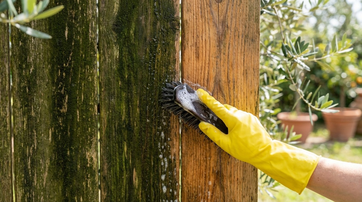 elimina le macchie di alghe verdi dalla recinzione con un ingrediente da cucina economico e naturale che funziona meglio dei prodotti commerciali