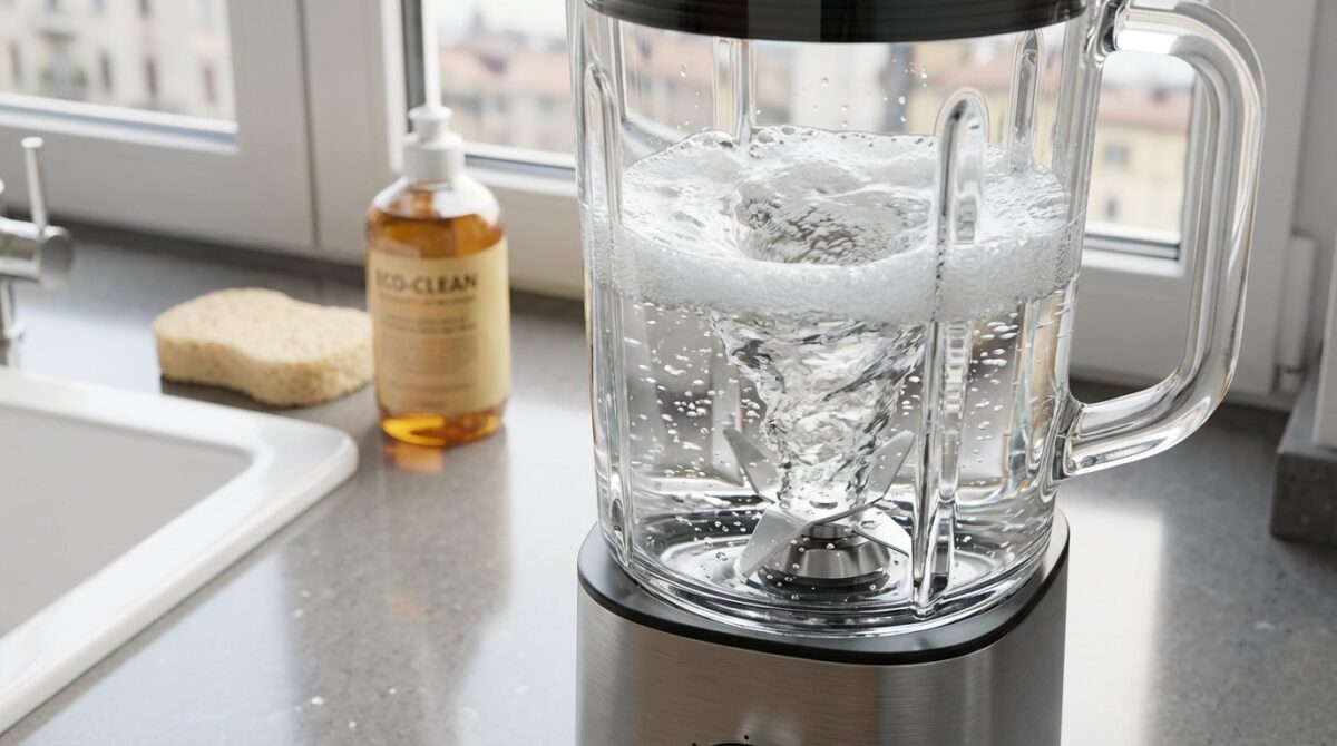 scopri il metodo express per pulire il frullatore in pochi secondi senza strofinare, eliminando lo sporco invisibile sotto le lame con acqua calda e detersivo