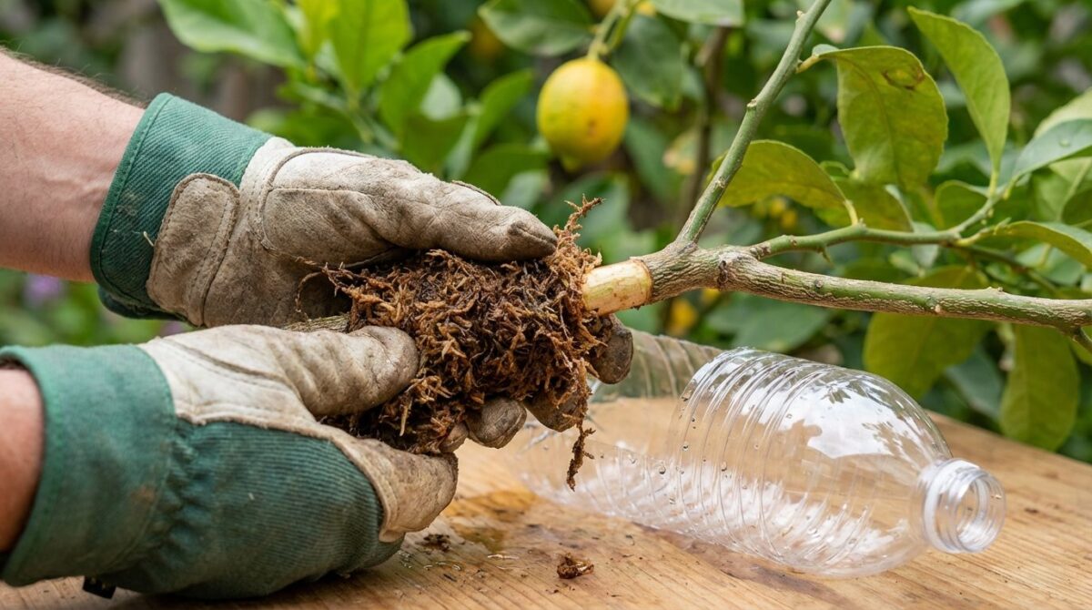 scopri il metodo semplice e testato per propagare un ramo di limone usando una bottiglia di plastica riciclata e trasformarlo in un albero produttivo